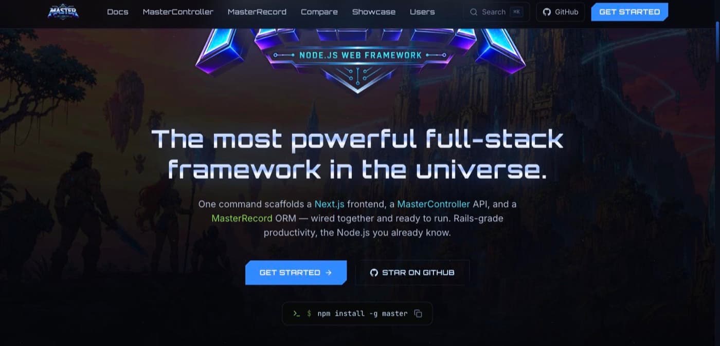 MasterJS — A Node.js full-stack framework — one command scaffolds a Next.js frontend, a MasterController API and a MasterRecord ORM, wired together and ready to run