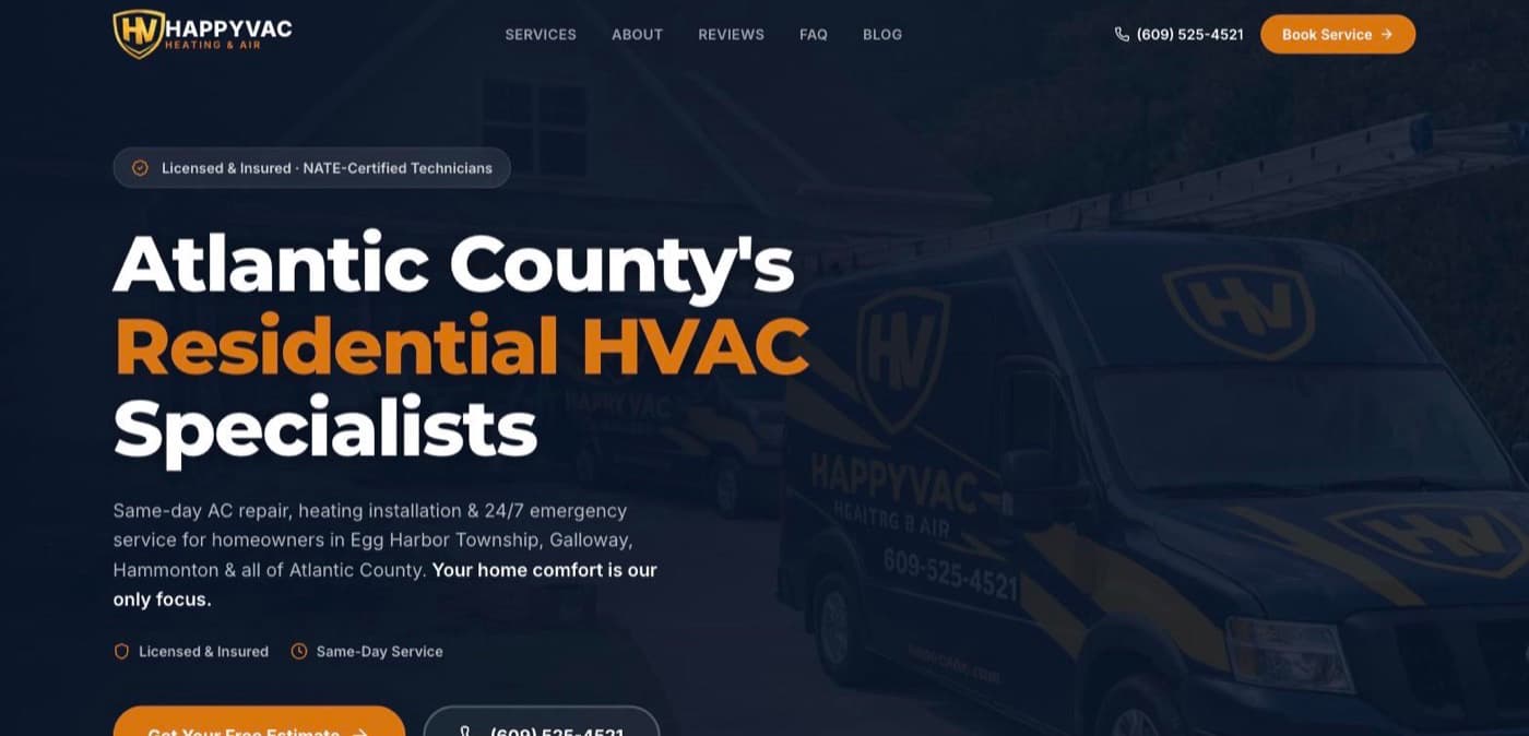 HappyVac — We built the site and a custom CRM for this residential HVAC company in Atlantic County, NJ — enquiries, estimates, jobs and same-day dispatch in one system